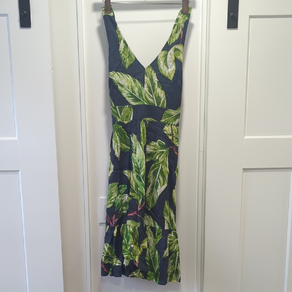 Ann Taylor Navy Blue and Green Leaf Print Cross Back Strap Midi Dress Size 8
